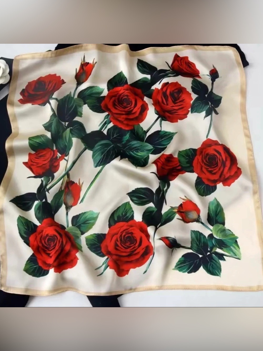 New Floral Rose Print Scarf in White & Red 53 cm